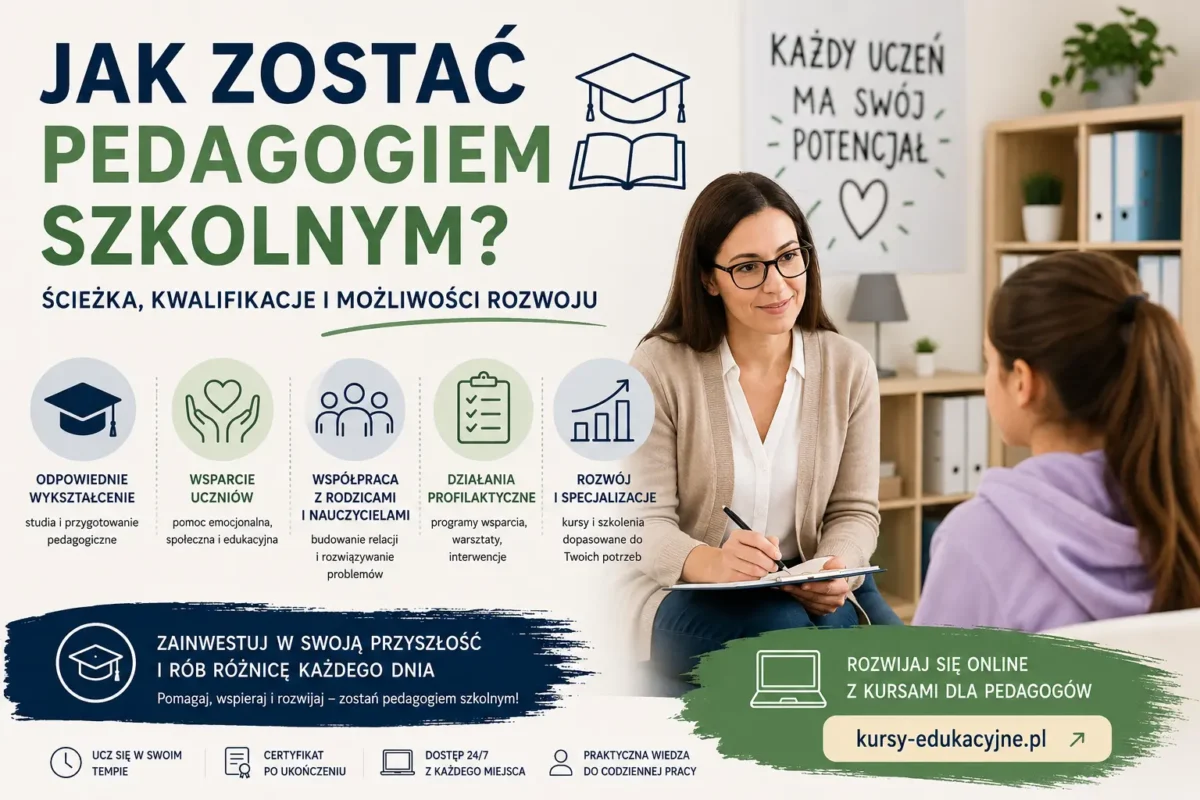 Pedagog szkolny rozmawia z uczniem w przyjaznym gabinecie szkolnym, wspierając jego rozwój emocjonalny i edukacyjny.